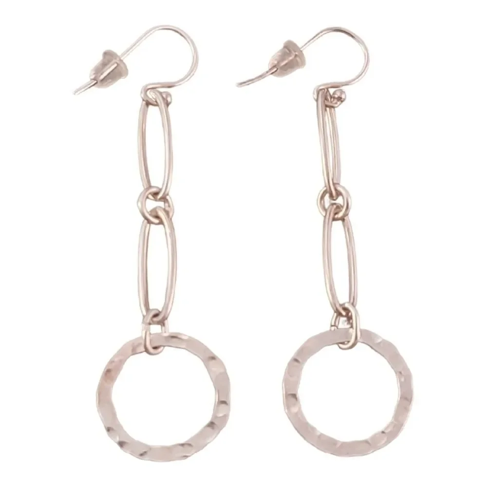 Sterling Artisan Contemporary Long Loop Chain Hammered Circle Earrings